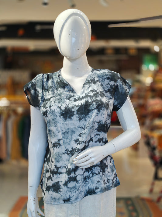 Black n white tie n dye V-neck women's modal top