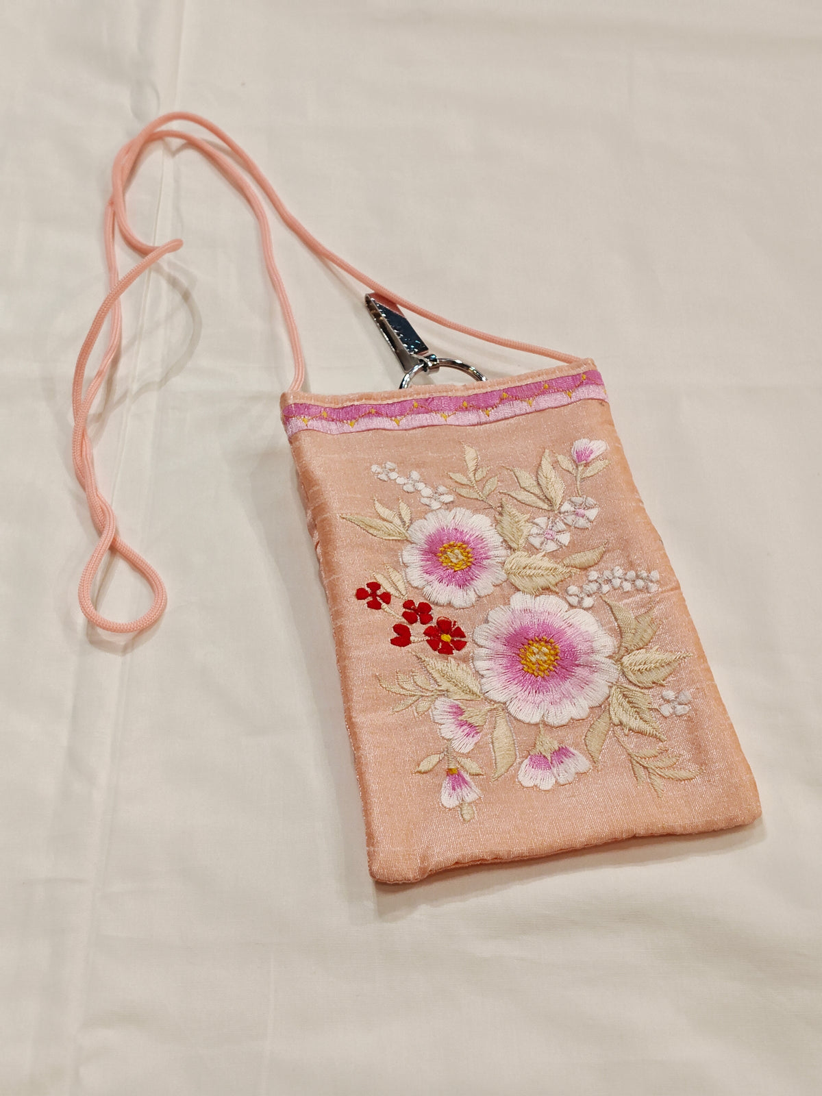 Silk embroidered phone pouches with waist clip on and a sling - multiple options available