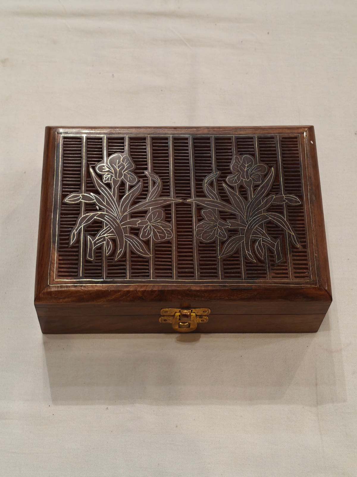 Brass inlay work wooden jewellery box - 7 × 5 × 2 Inches