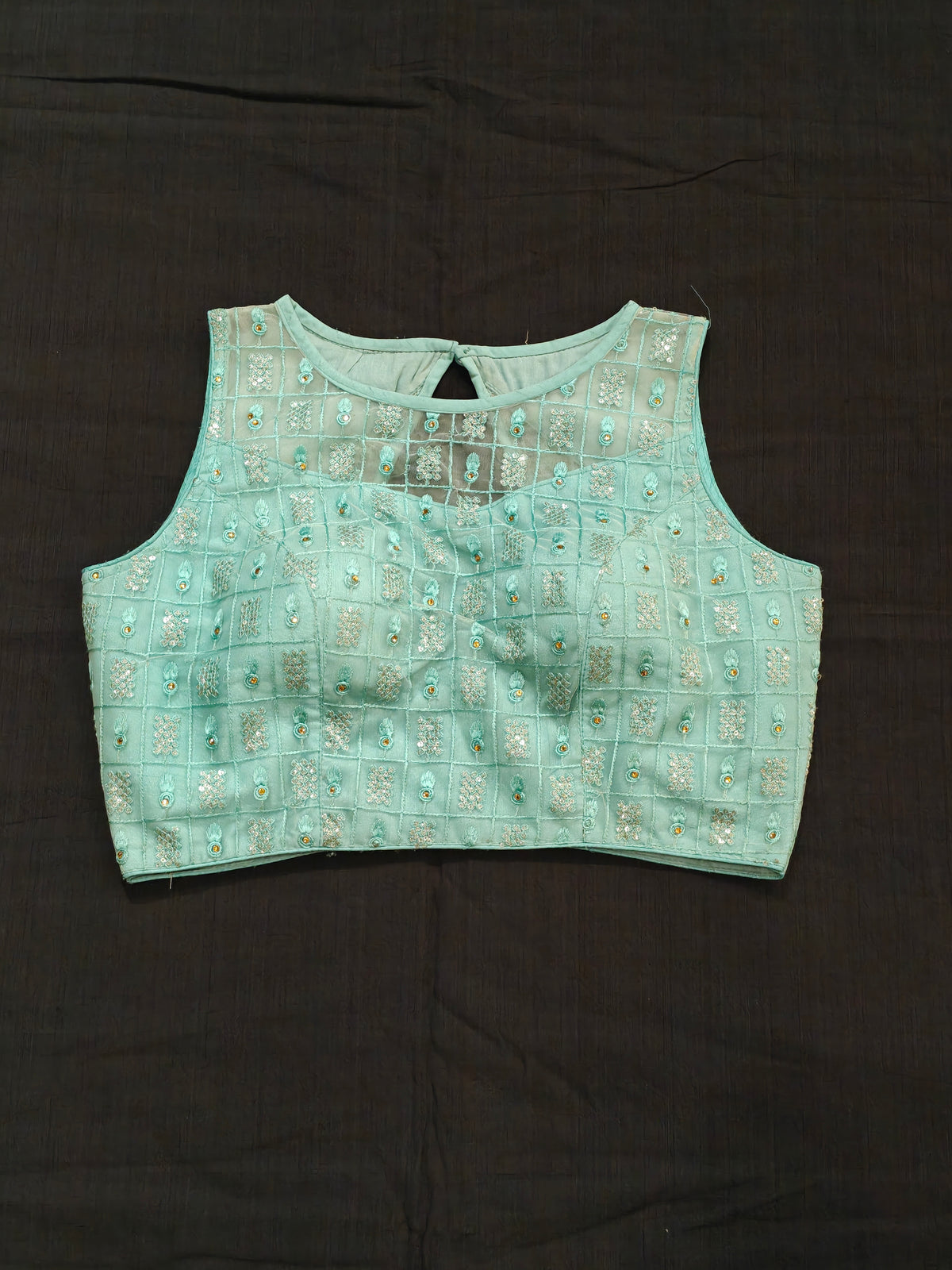 Sea green net sleeveless blouse with embroidery and diamond back - back open