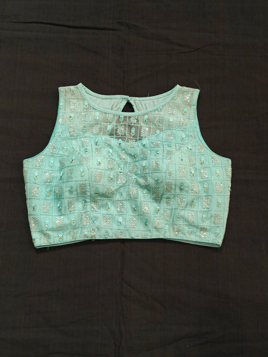 Sea green net sleeveless blouse with embroidery and diamond back - back open