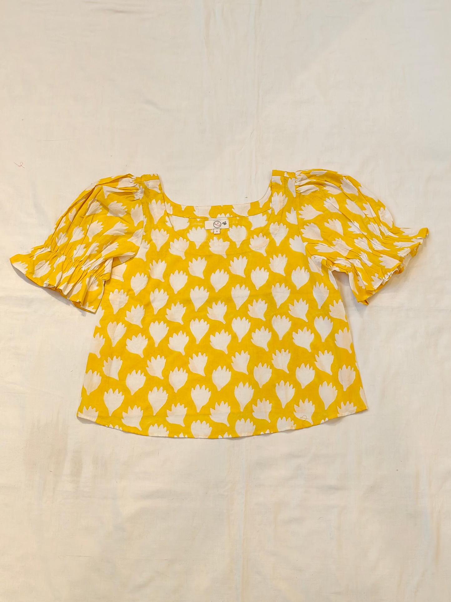 Yellow with white leaves hand block printed puffed sleeves top