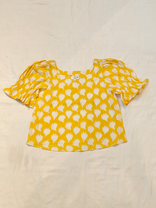 Yellow with white leaves hand block printed puffed sleeves top