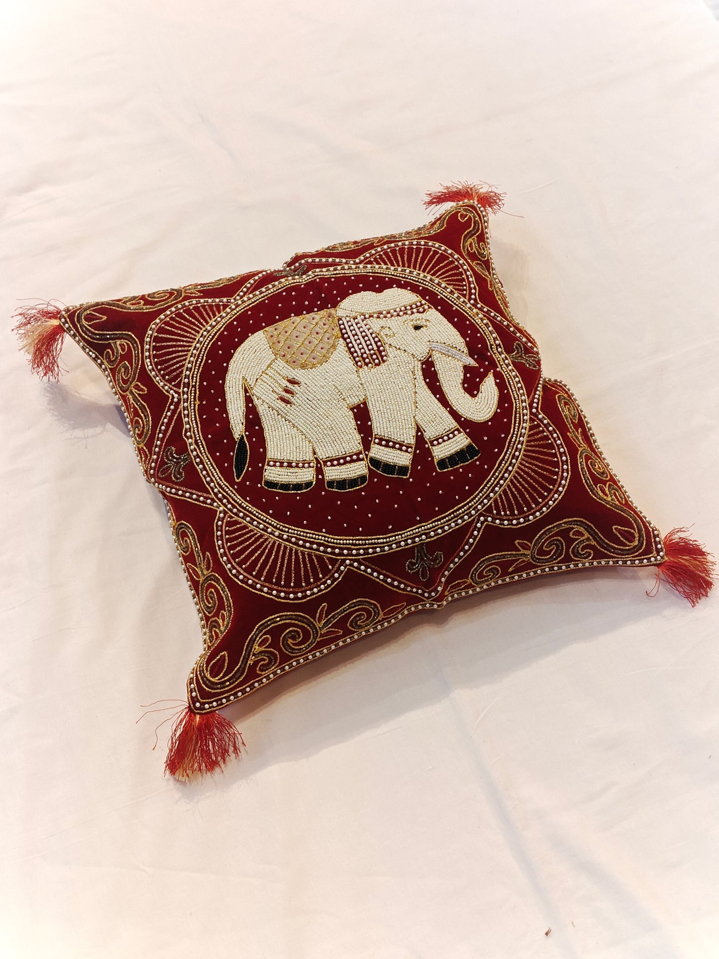 Elephant and beaded embroidered velvet cushion cover