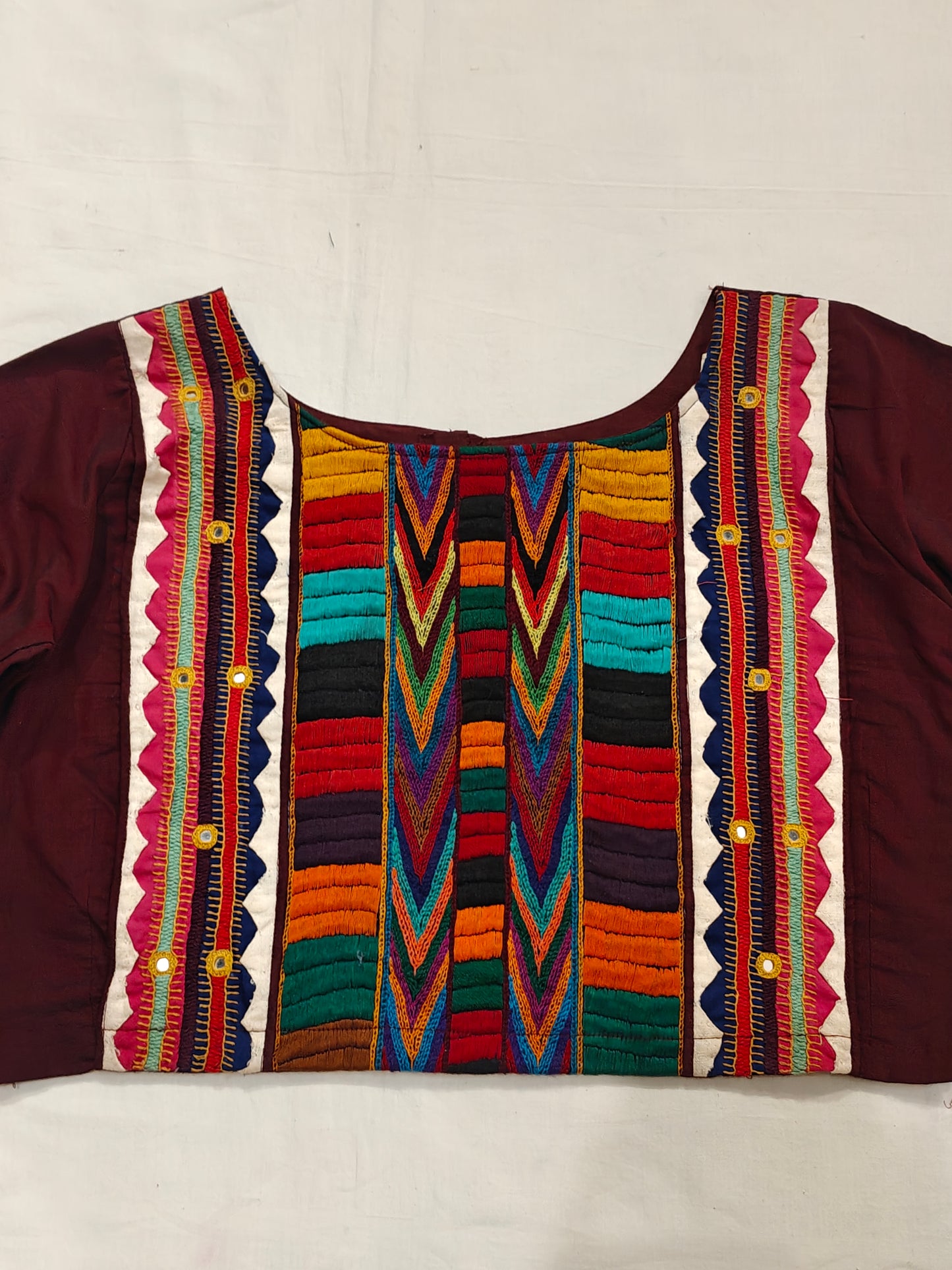 Maroon hand embroidered elbow sleeves cotton blouse