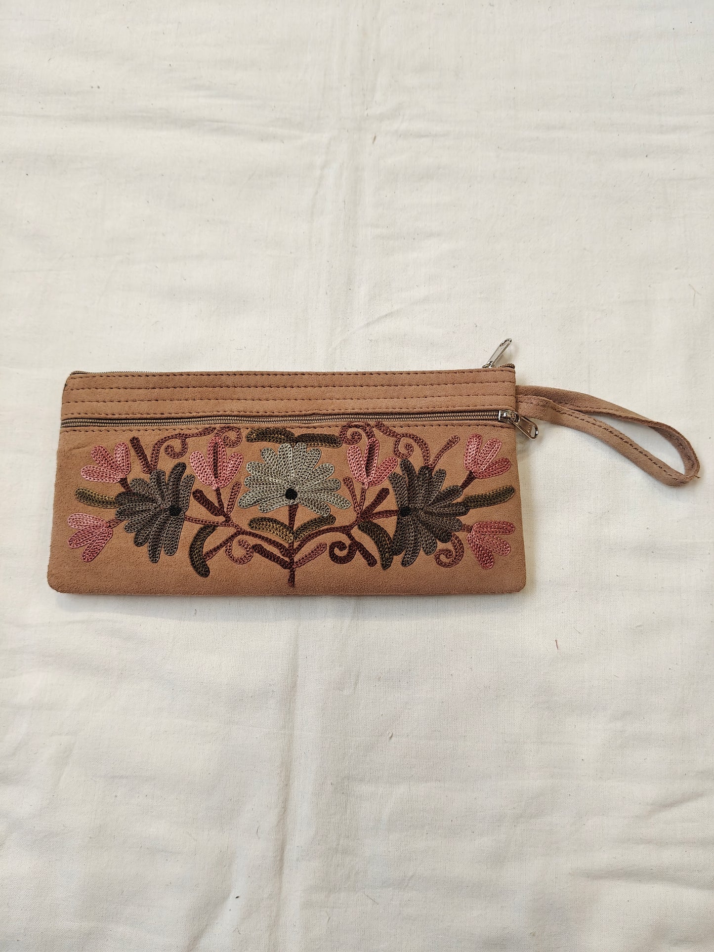 Wristlet pouch featuring Kashmiri floral Aari embroidery - 3 zippers