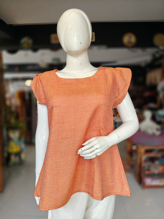 Orange textured 4 pedal weave handloom cotton short sleeved top