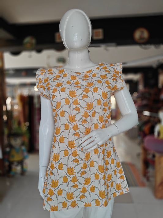 White with yellow floral printed handwoven cotton short kurti / top
