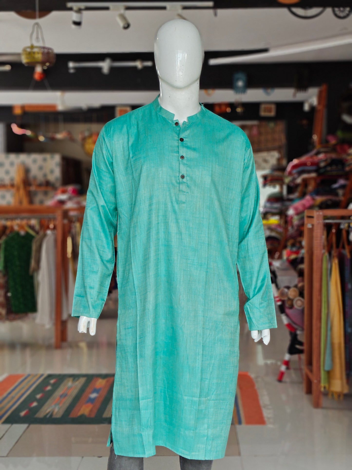 Vibrant teal full sleeves long kurta for men