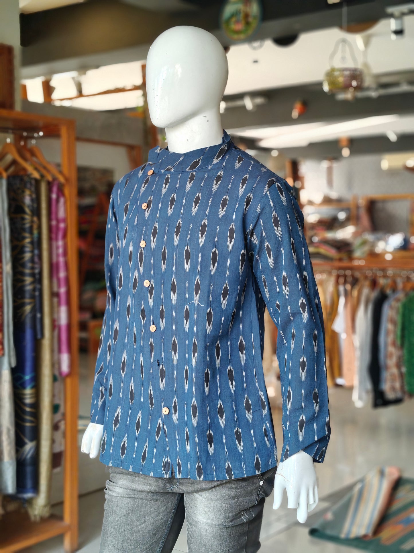 Indigo blue cross button-down shirt with ikat prints