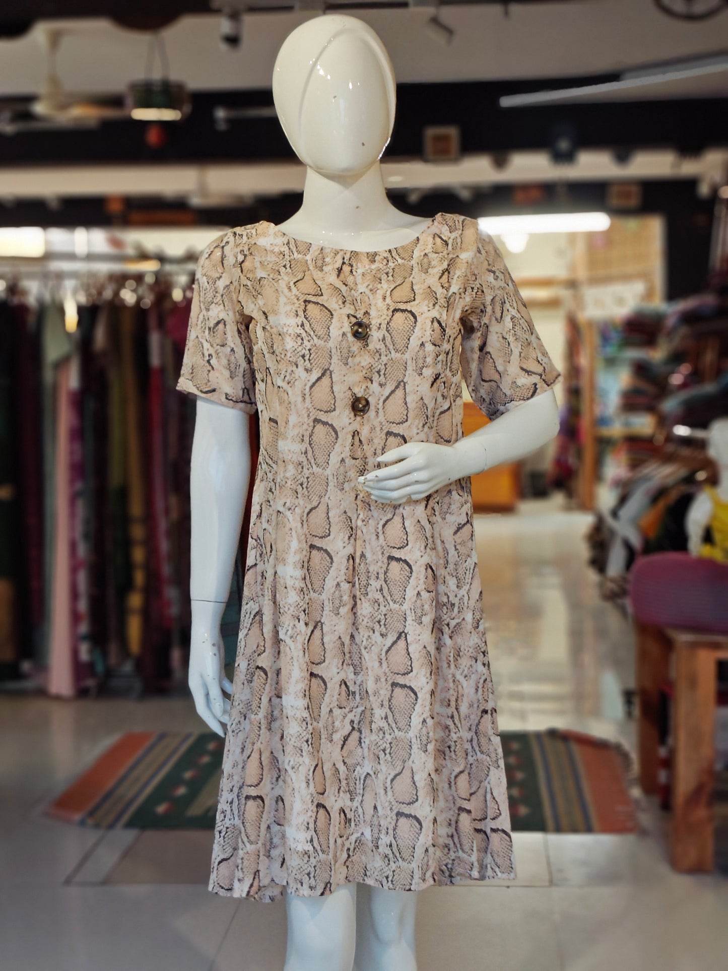 Beige black animal printed A line georgette dress