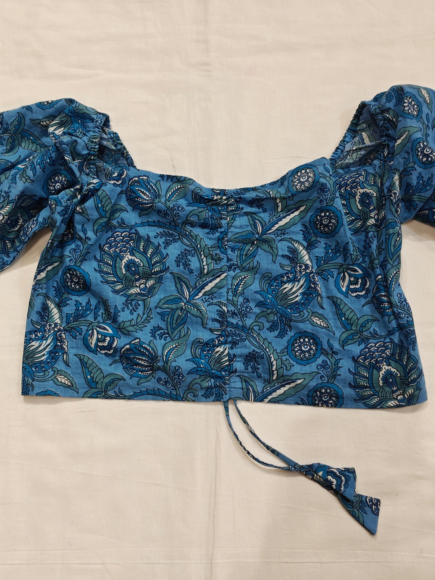 Blue floral hand block printed cotton elastic crop top / blouse
