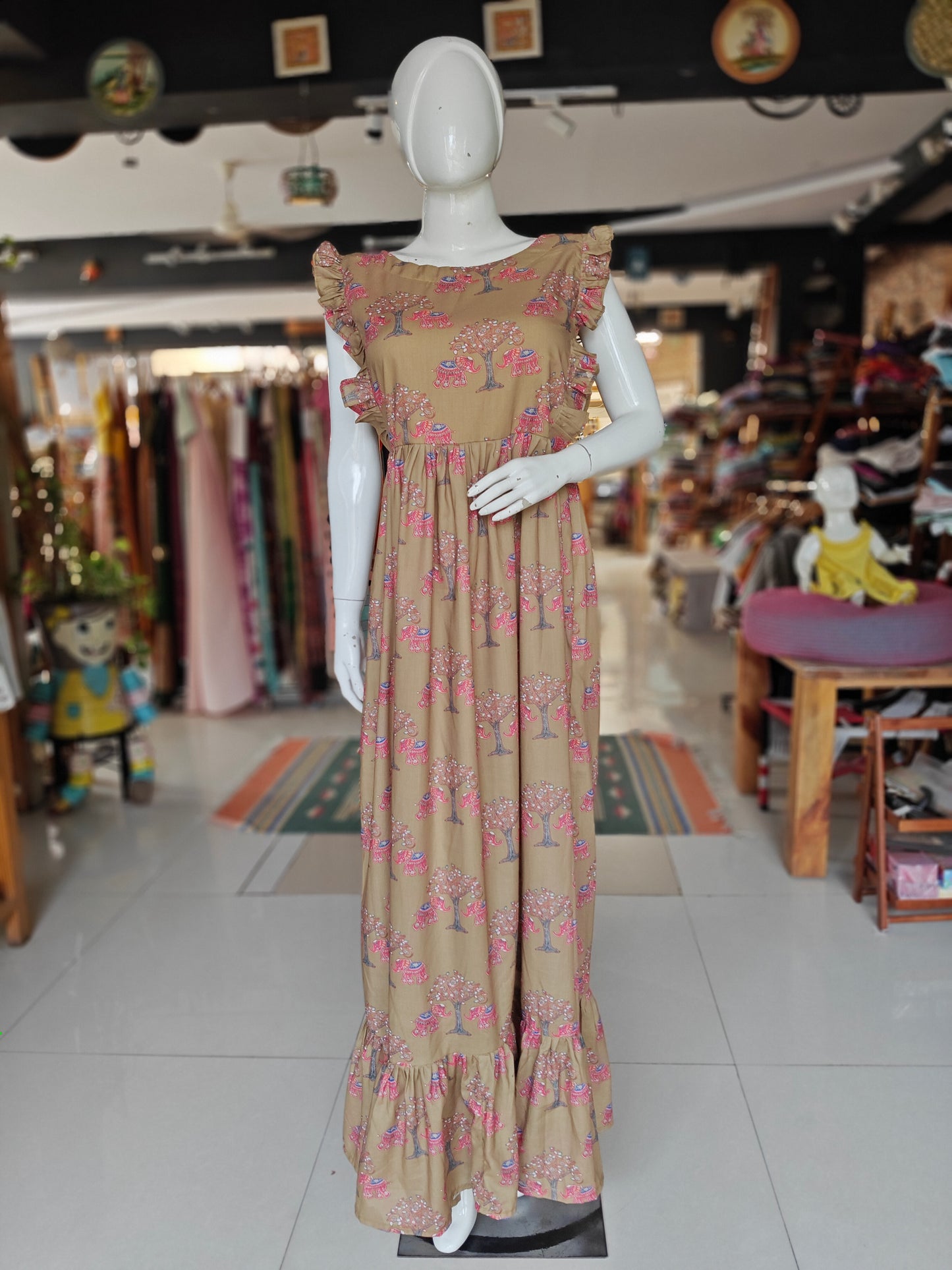 Olive and pink elephants printed dress with tiered hem
