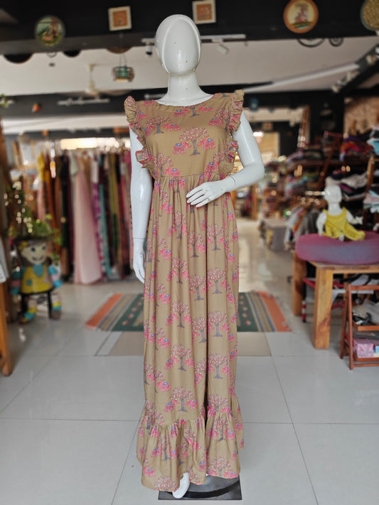 Olive and pink elephants printed dress with tiered hem