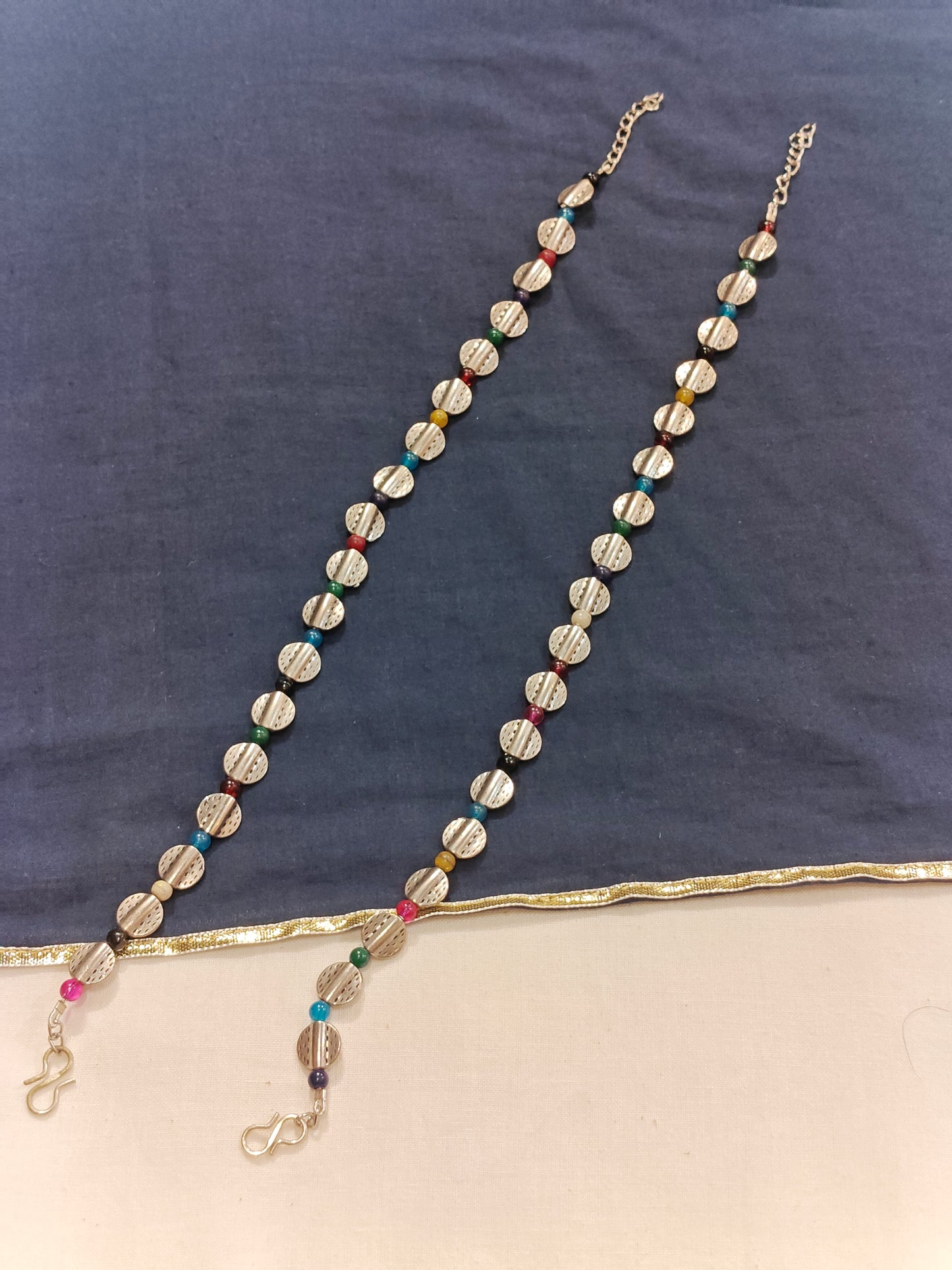 Silver disc with beads - Anklets pair