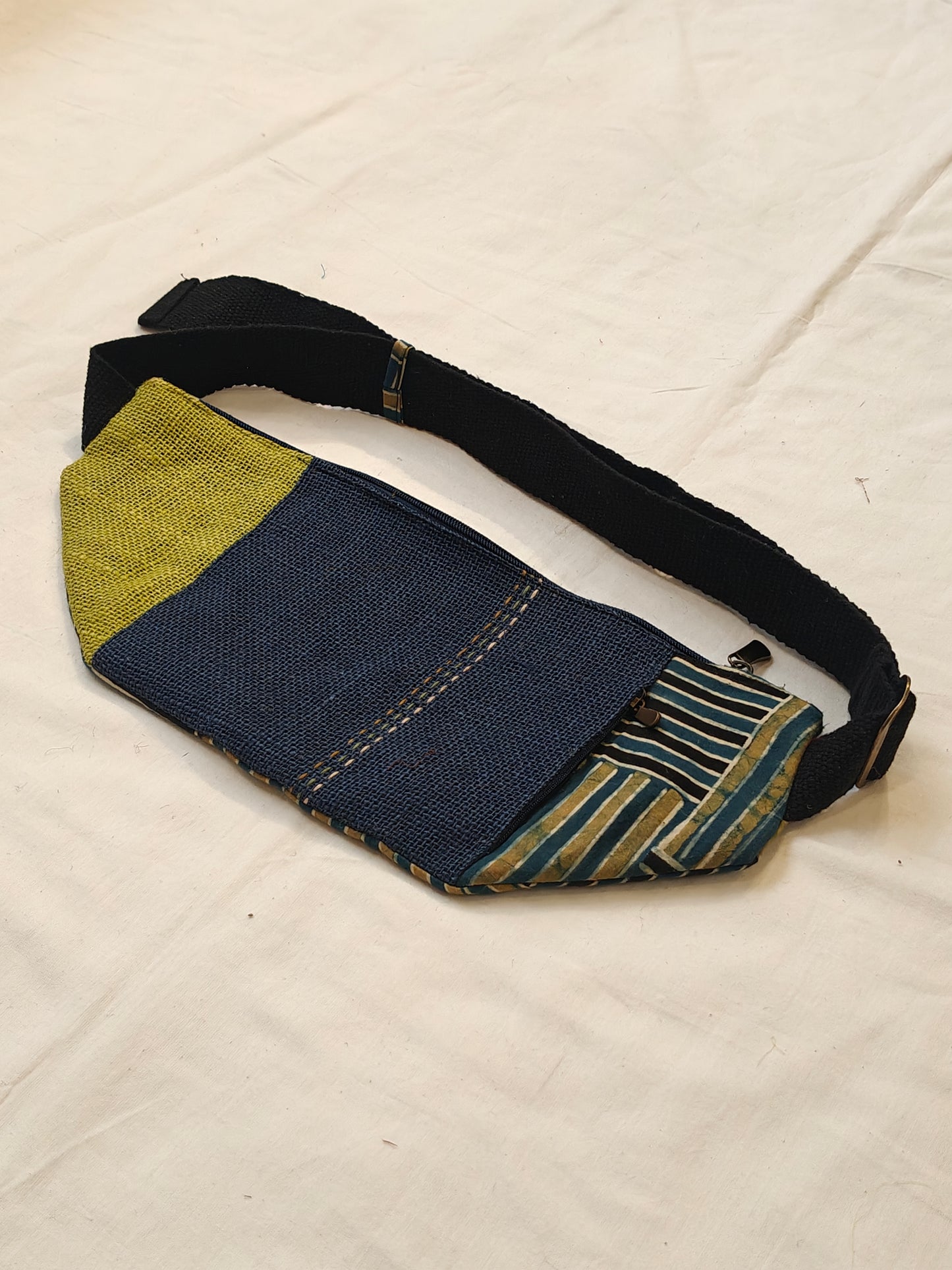 Waist fanny pack with multicolour fabric panels - Handmade jute bag