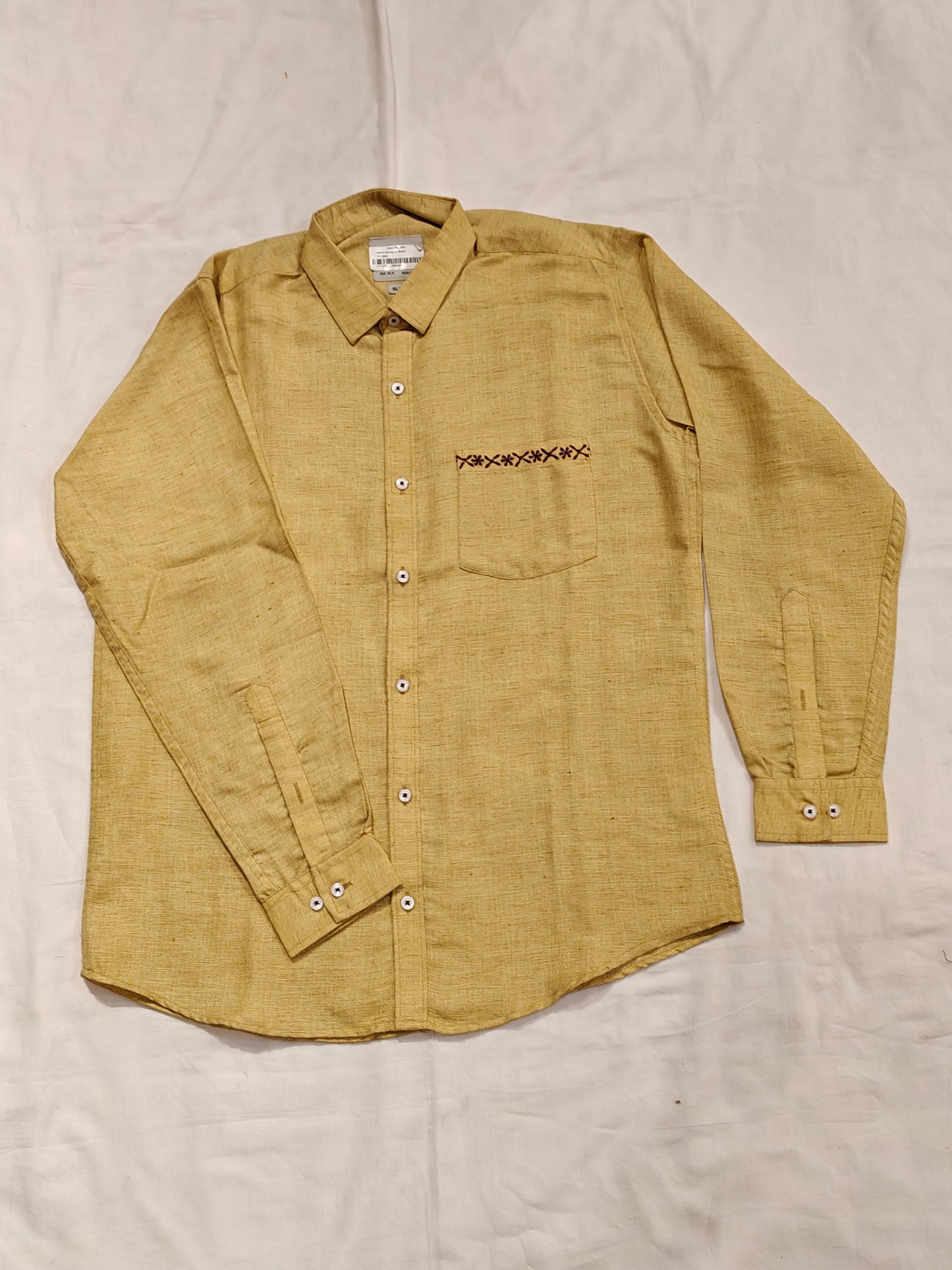 Mustard yellow cotton shirt with hand embroidery on pocket