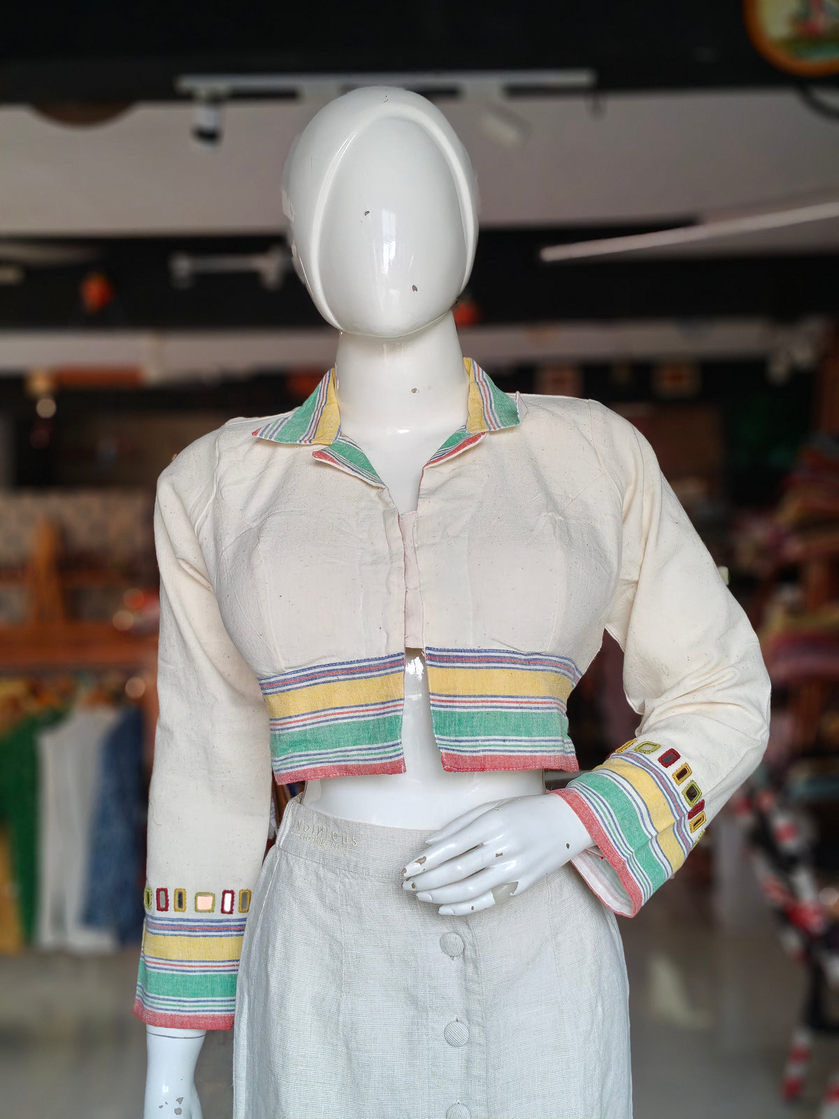 Off white with colorful band borders Kala cotton handwoven mirror work full sleeves blouse