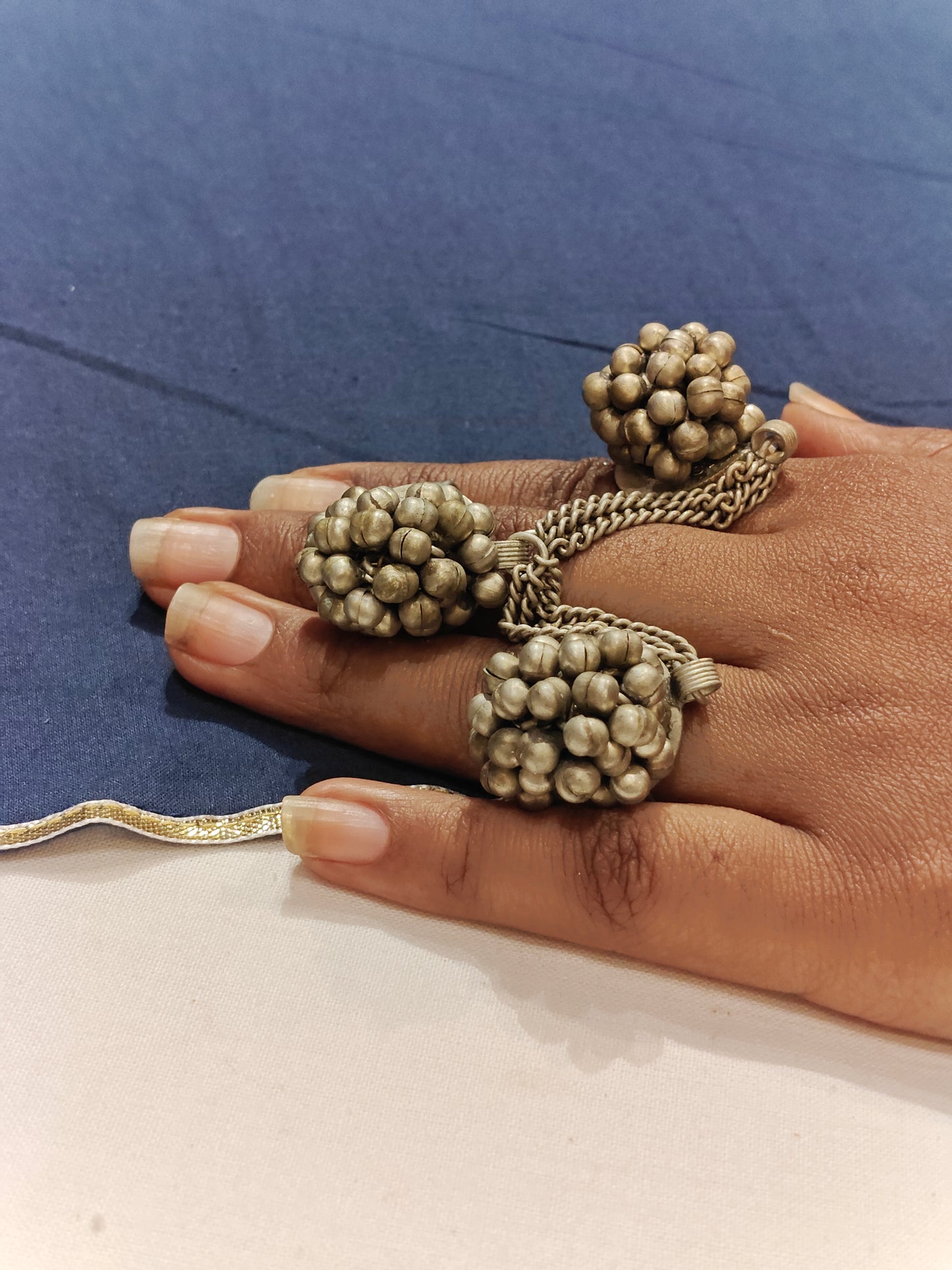 Triple finger ring / teejh with ghungroos - handcrafted