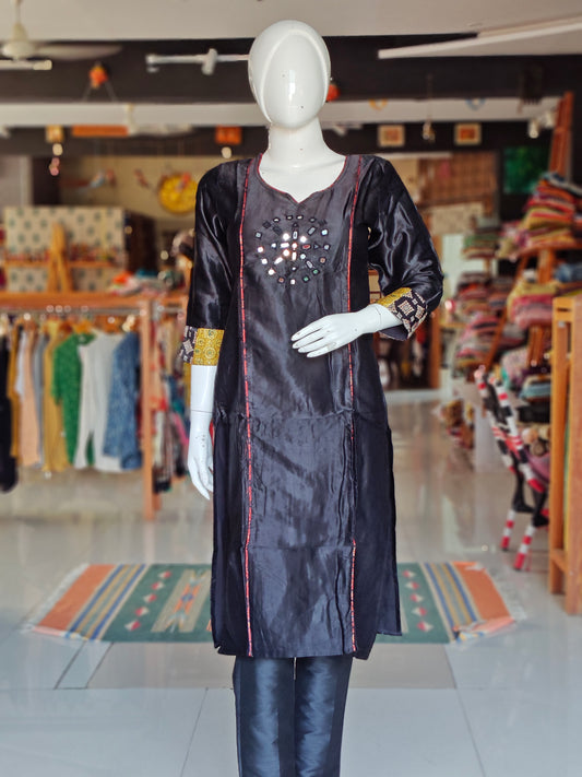 Black mirror work mashru kurti with Ajrakh prints on sleeves