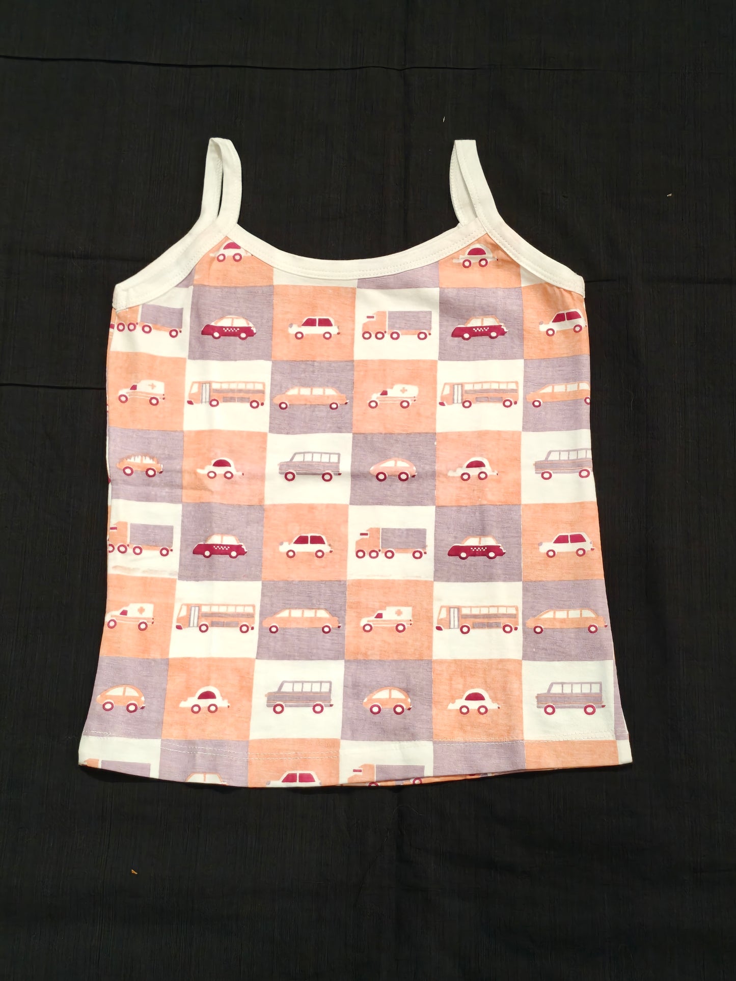 Peach n purple checkered with vehicle prints vest top for girls
