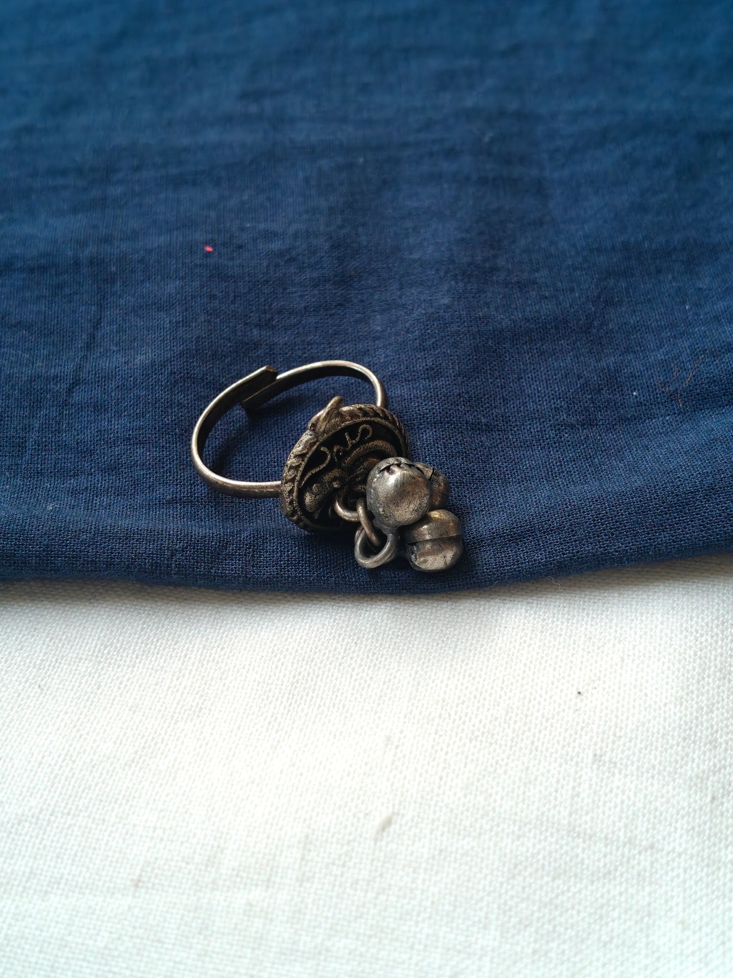 Traditional motifs oxidised look finger ring with ghungroos