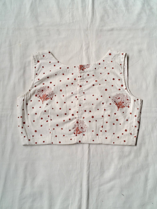 White with brown polka dots handblock printed cotton blouse