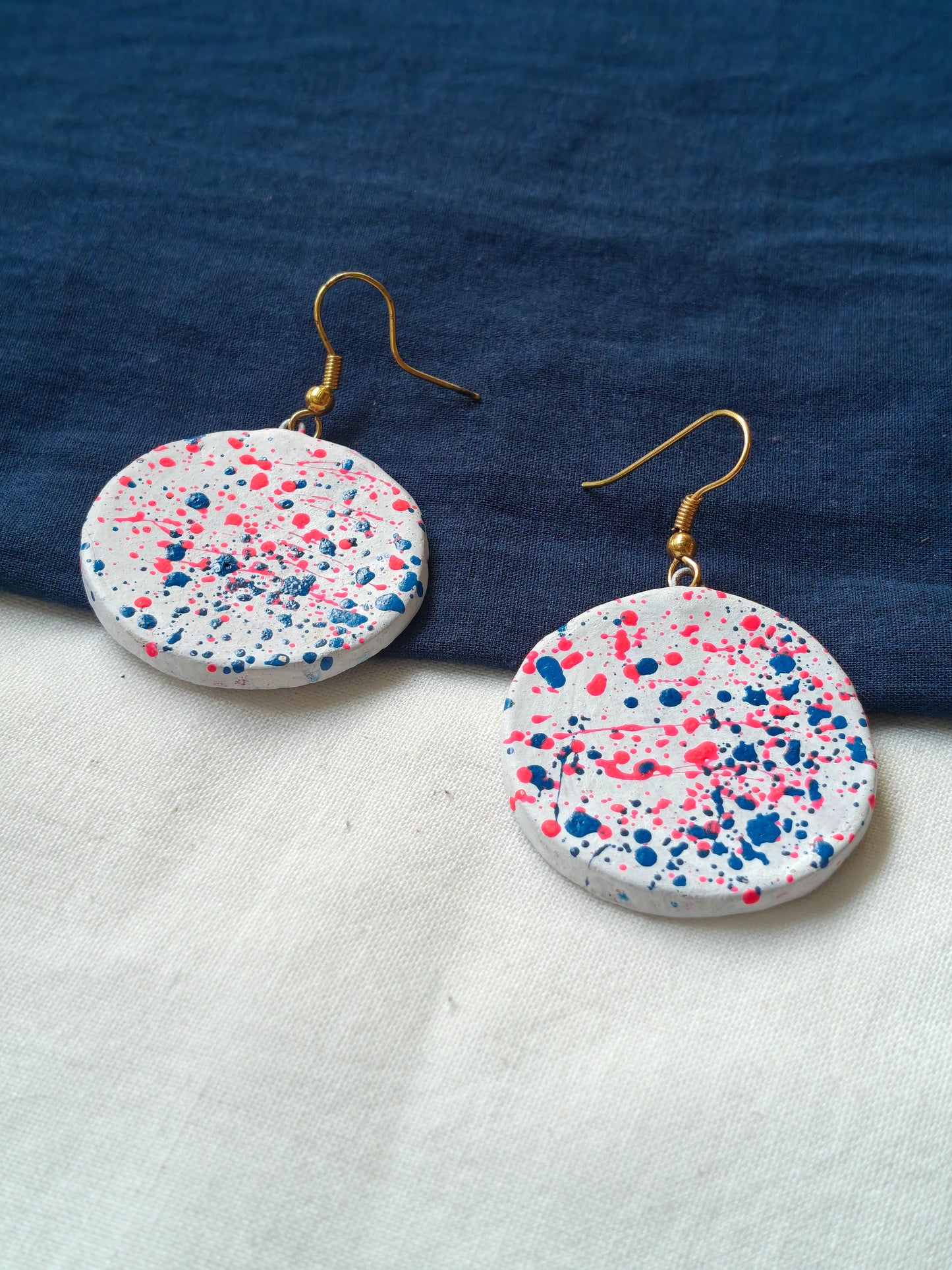 Round color splattered handcrafted, handpainted terracotta hook earrings