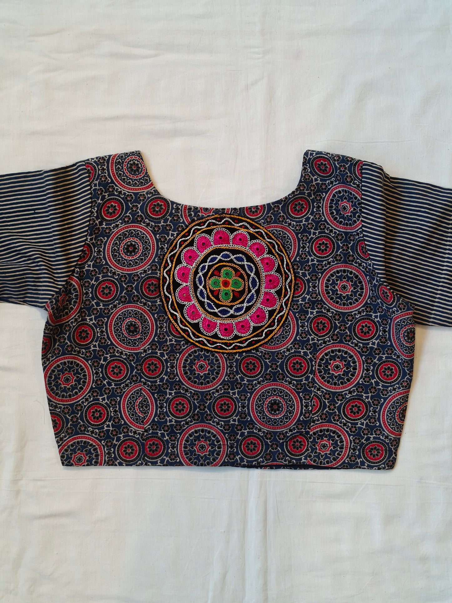 Indigo and maroon Ajrakh back batch embroidered boat neck half sleeves blouse