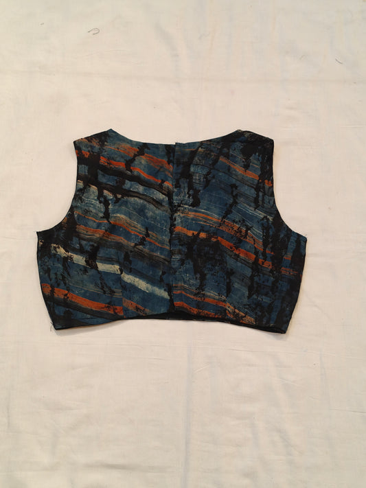 Blue n orange abstract prints on black cotton blouse