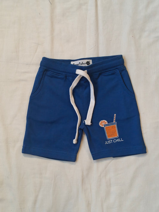 Blue cotton knit shorts with juice print