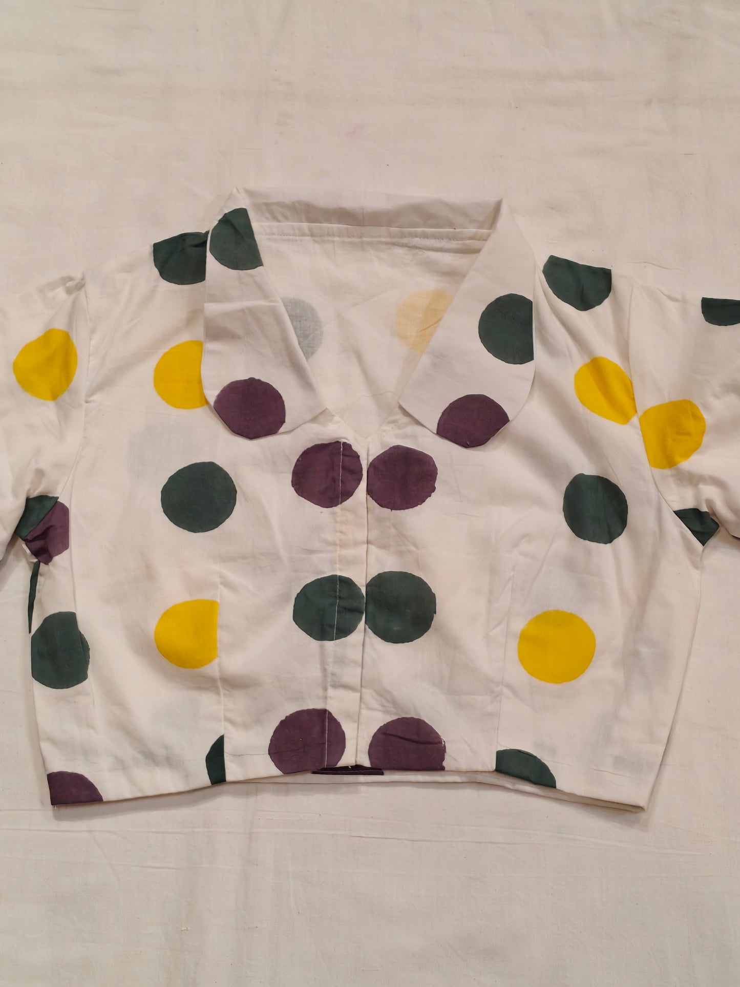 Violet, green n yellow dots on white base collared hand block printed cotton blouse