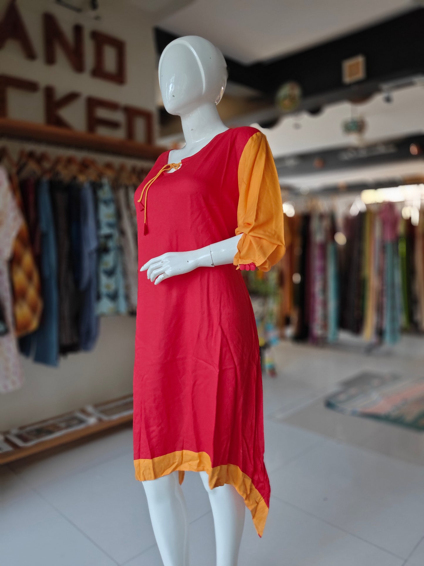 Rayon Orange and Red kerchief cut kurti