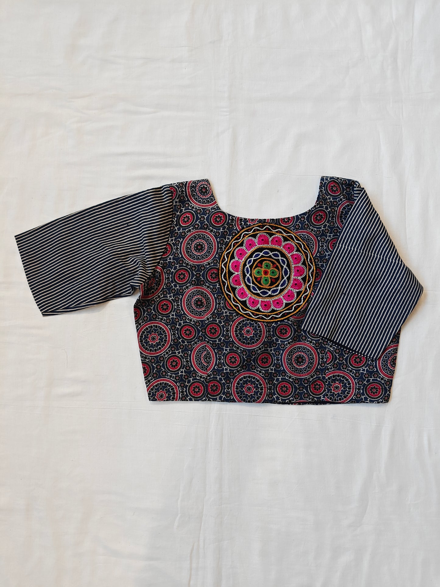 Indigo and maroon Ajrakh back batch embroidered boat neck half sleeves blouse