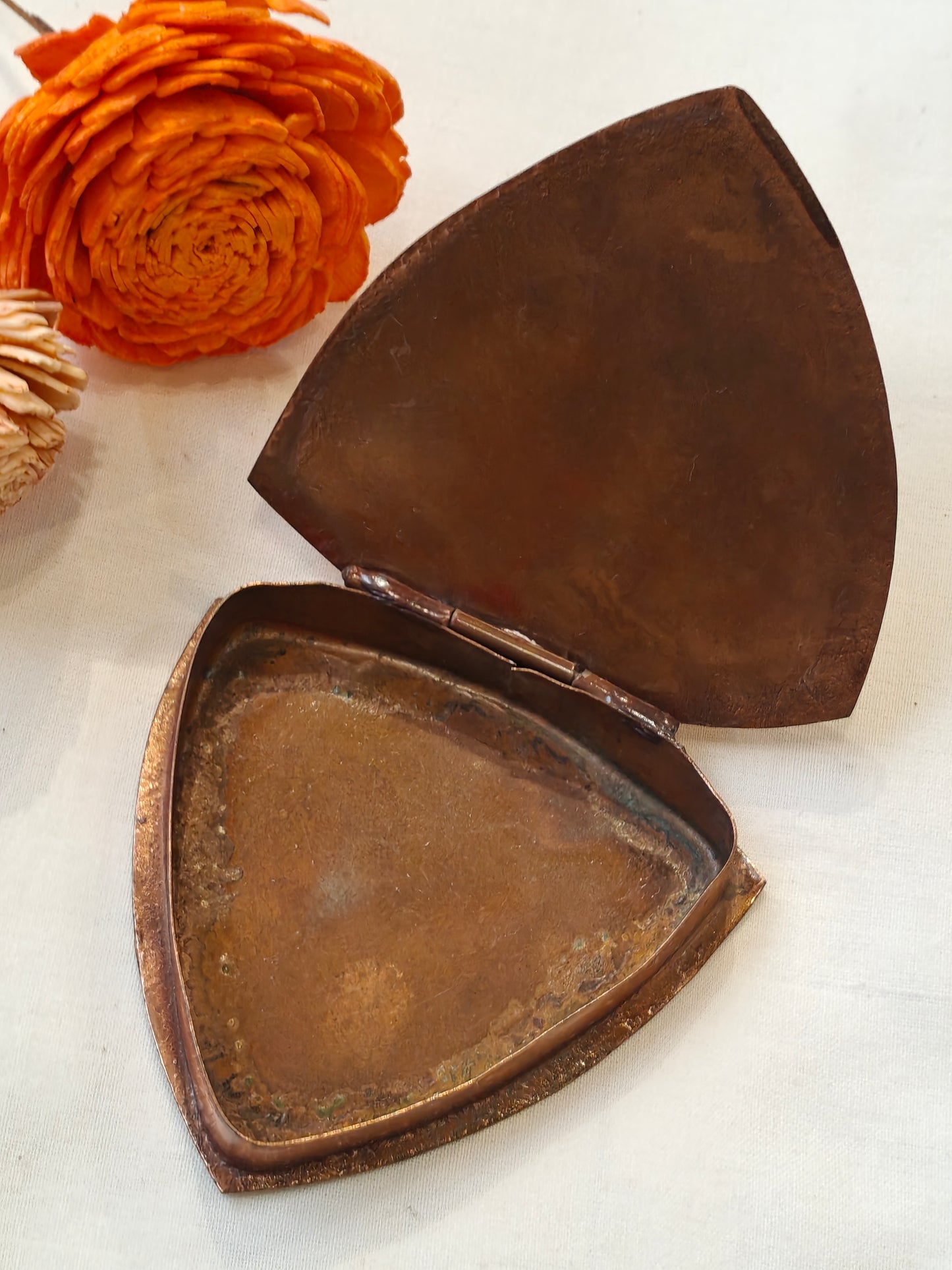 Triangular trinket box in copper with enamel art on lid - handcrafted
