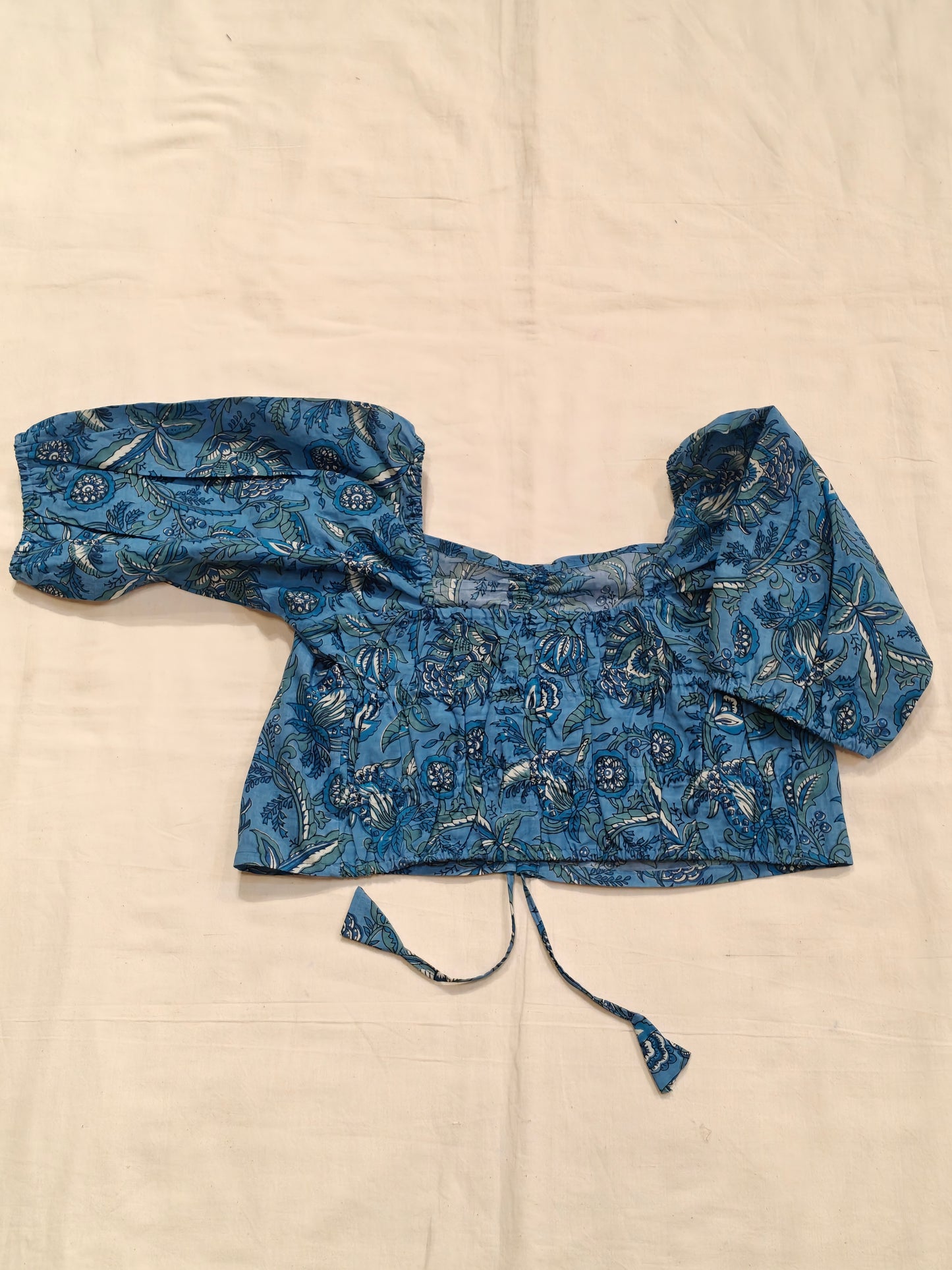 Blue floral hand block printed cotton elastic crop top / blouse