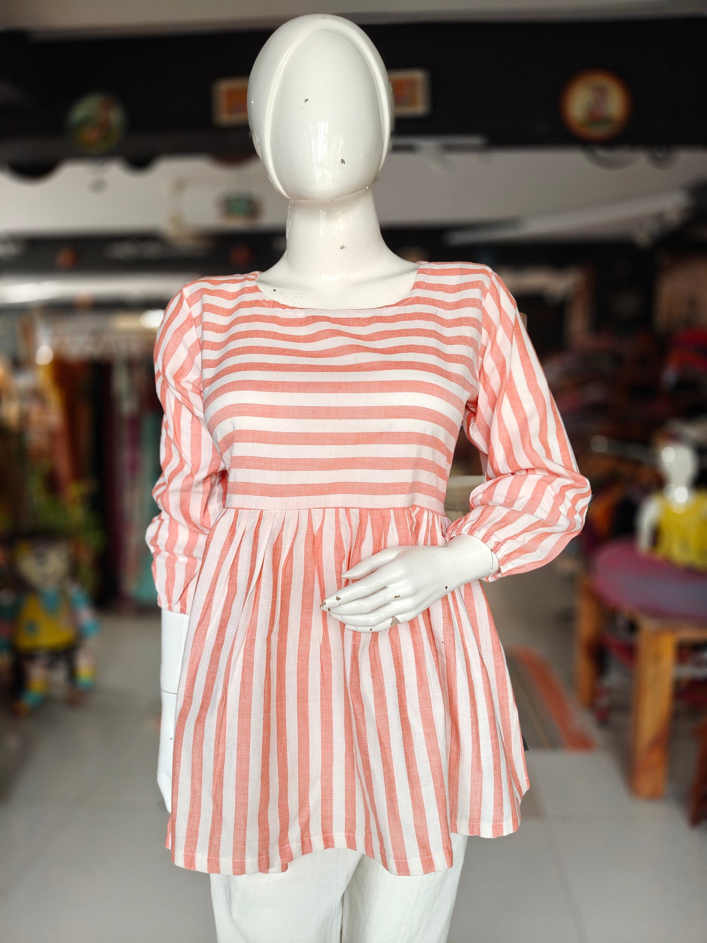 Orange and white striped long sleeves handloom cotton top