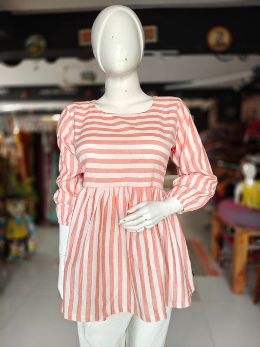 Orange and white striped long sleeves handloom cotton top