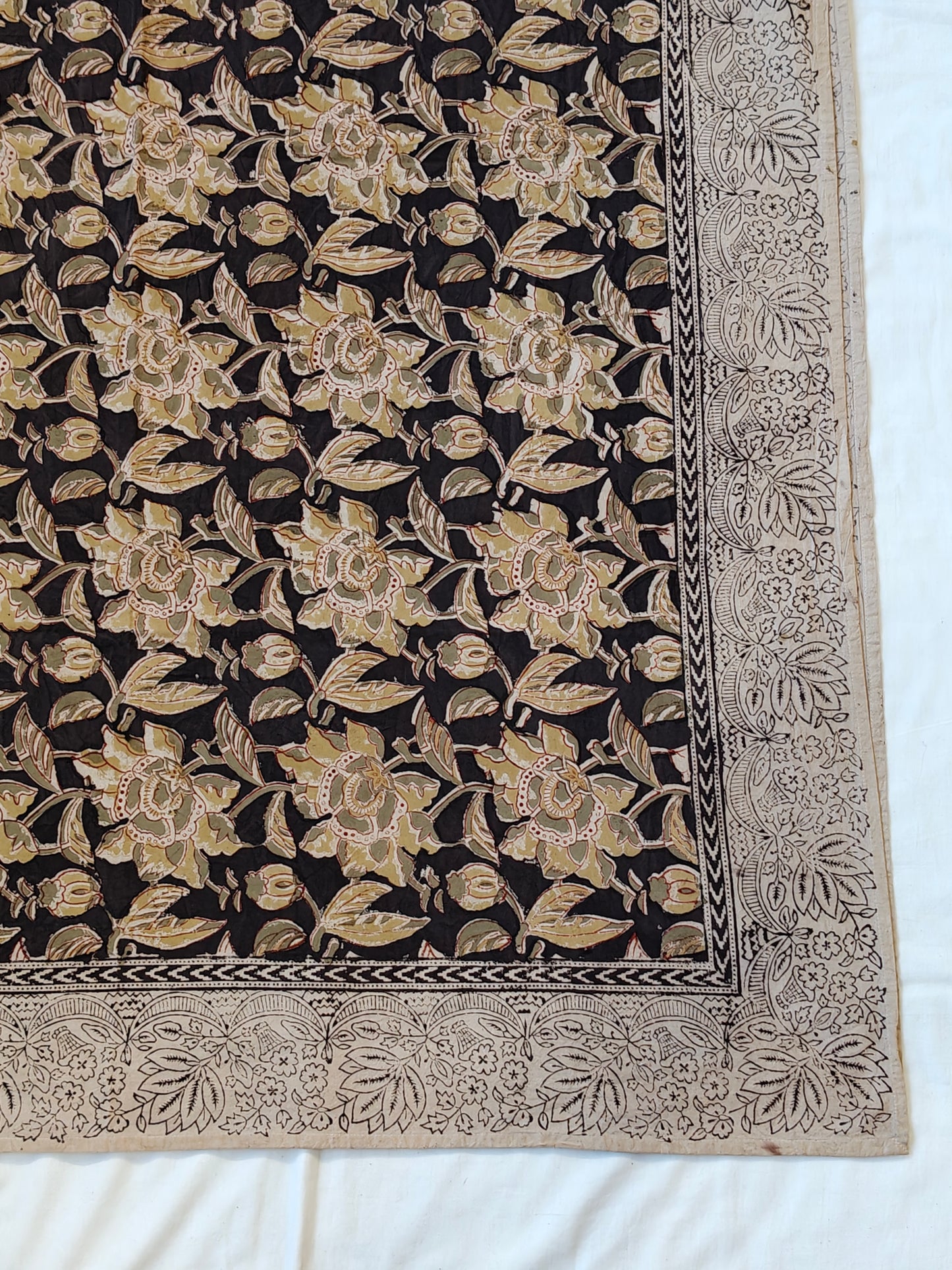 Olive green n beige floral on brown Kalamkari hand block printed Bedsheet with borders and one pillow cover