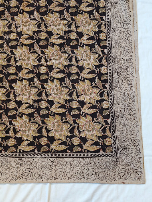 Olive green n beige floral on brown Kalamkari hand block printed Bedsheet with borders and one pillow cover