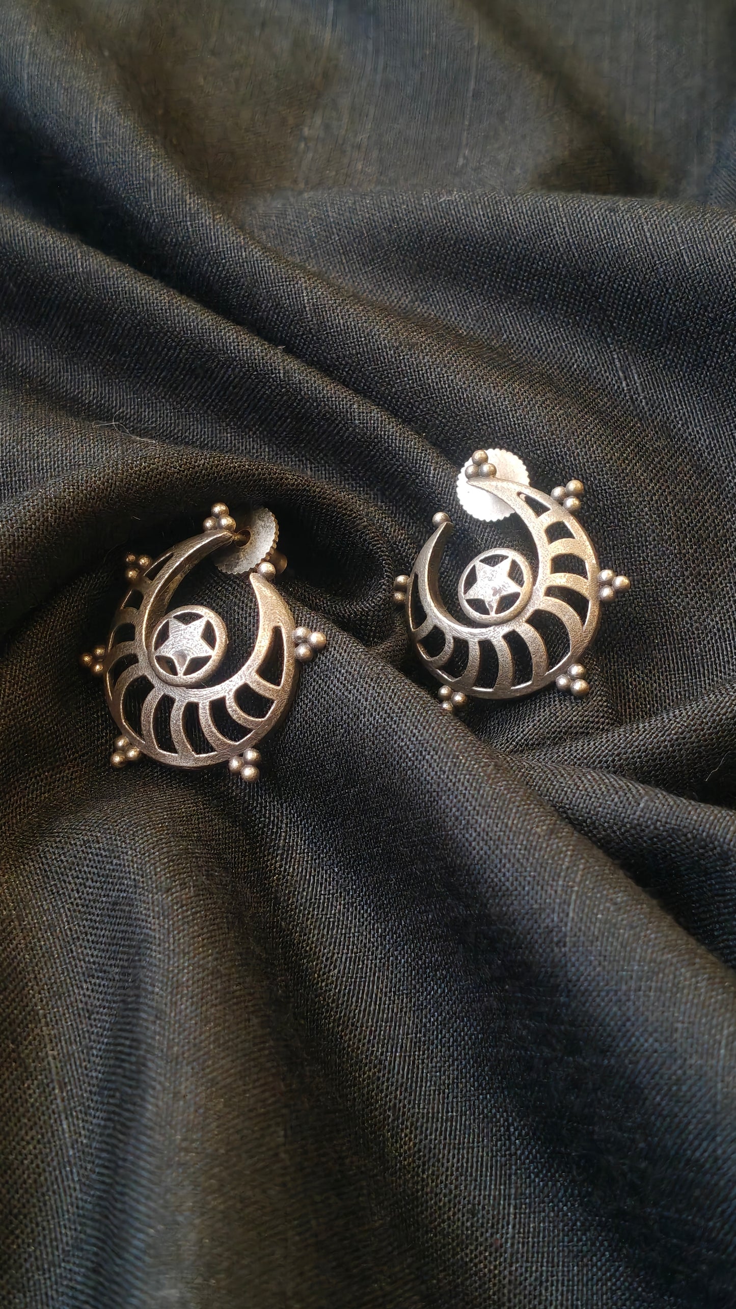 Crescent moon and star handcrafted oxidised stud earrings