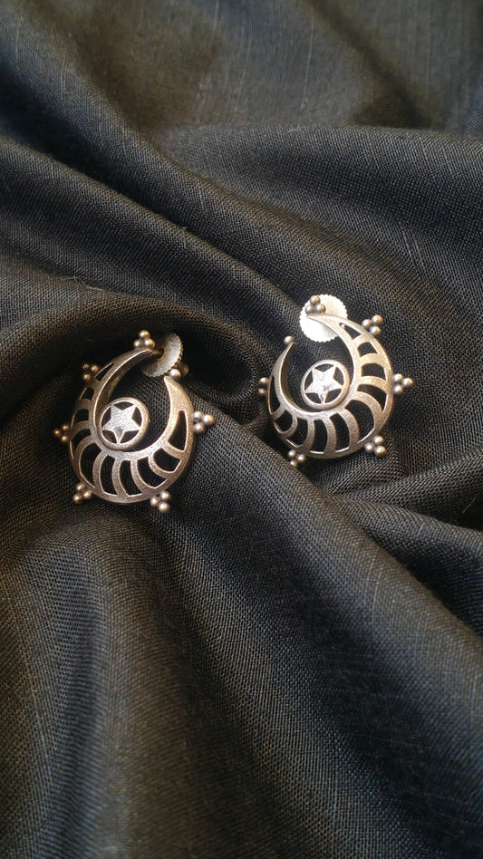 Crescent moon and star handcrafted oxidised stud earrings