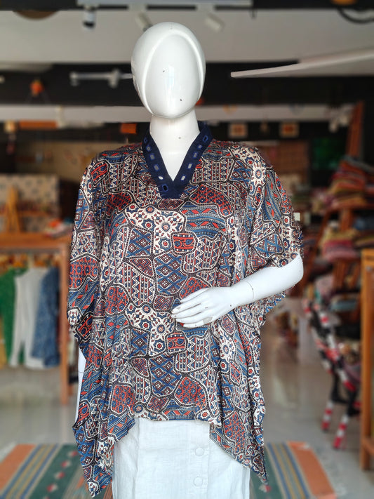 Modal silk kaftan hand block printed top featuring V-neck with mirror embroidery - color options available