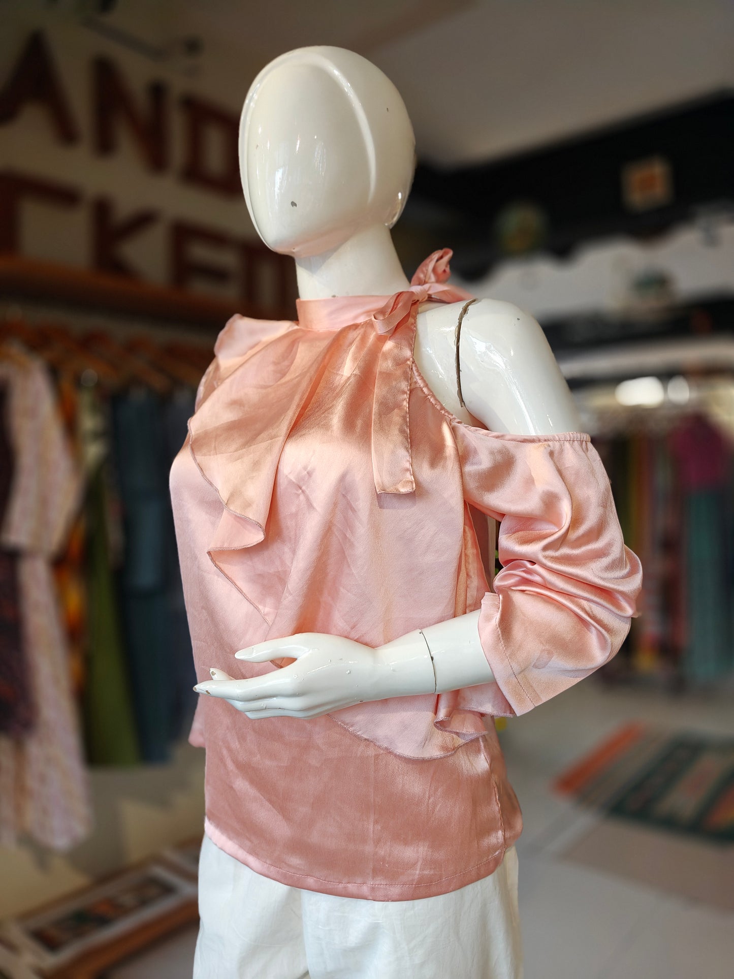 Peach one side cold shoulder asymmetric satin top