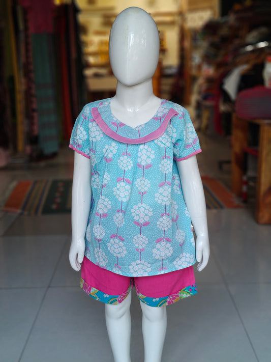 Light blue floral printed cotton top with matching pink shorts for girls