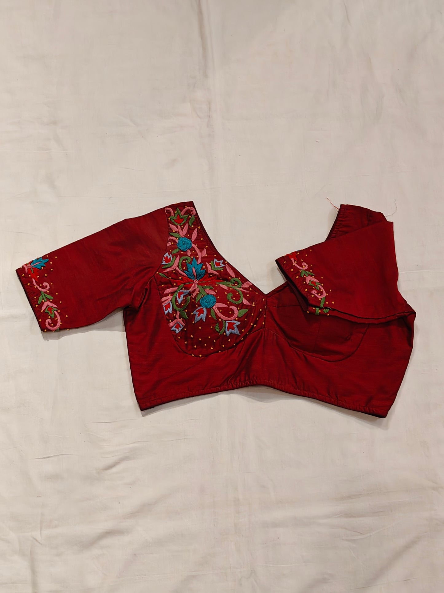 Red Floral hand embroidery silk blouse