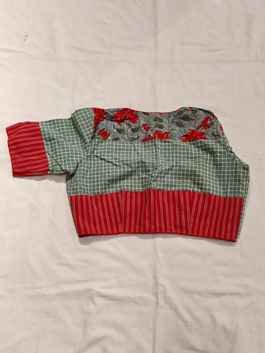 Sea green n orange floral checkered cotton elbow sleeves blouse