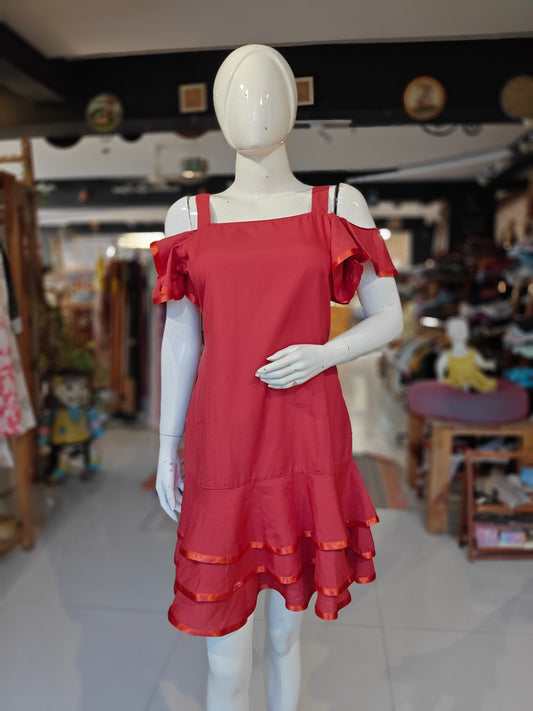 Red cold-shoulder dress with ruffled hem ribbon trims