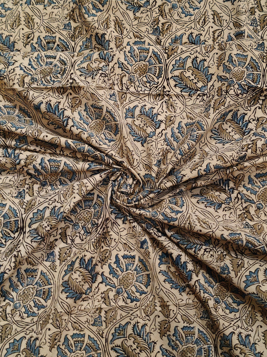 Blue floral on cream base handblock printed Kalamkari cotton fabric