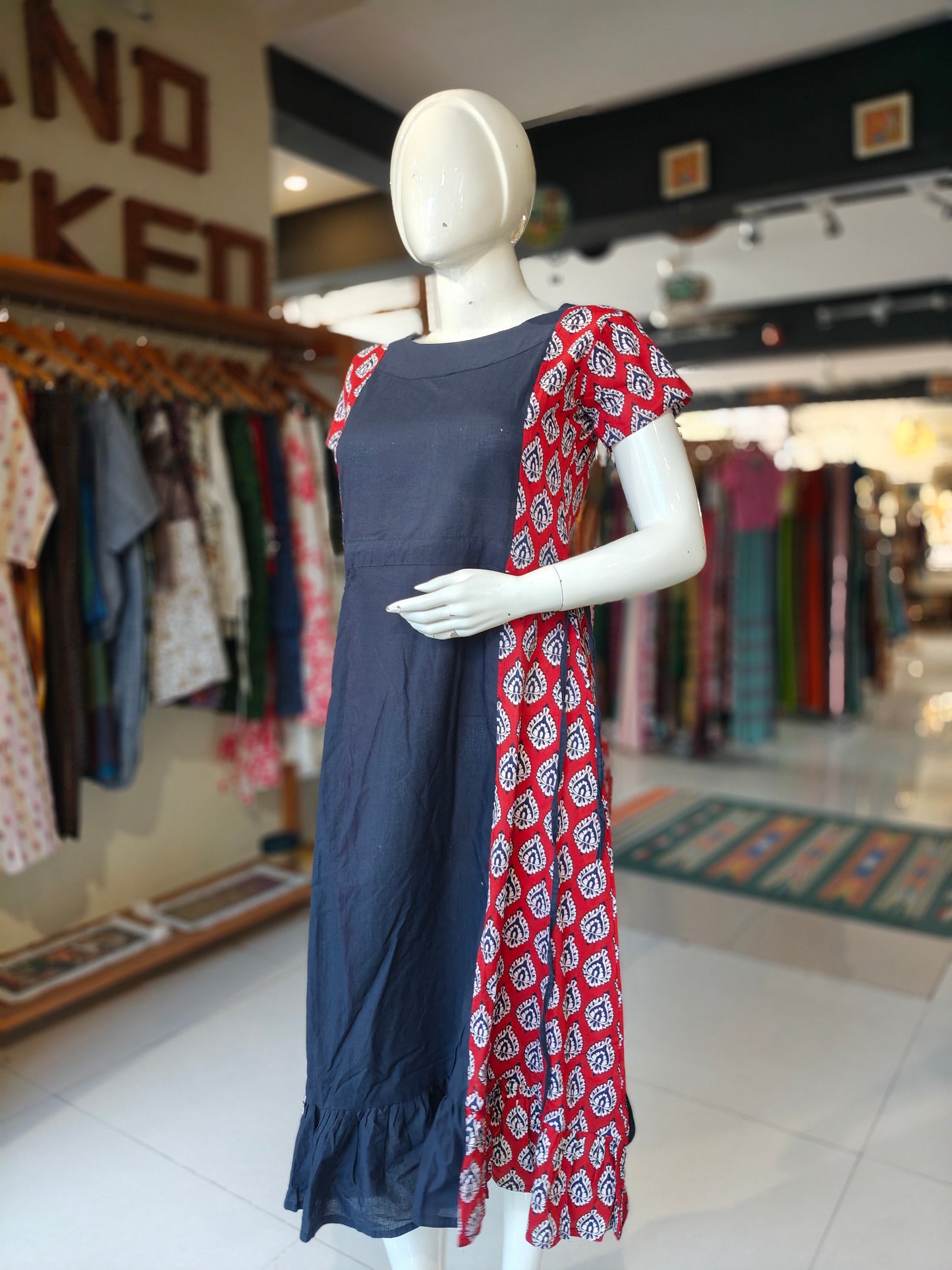 Navy blue and maroon printed panel cotton dress